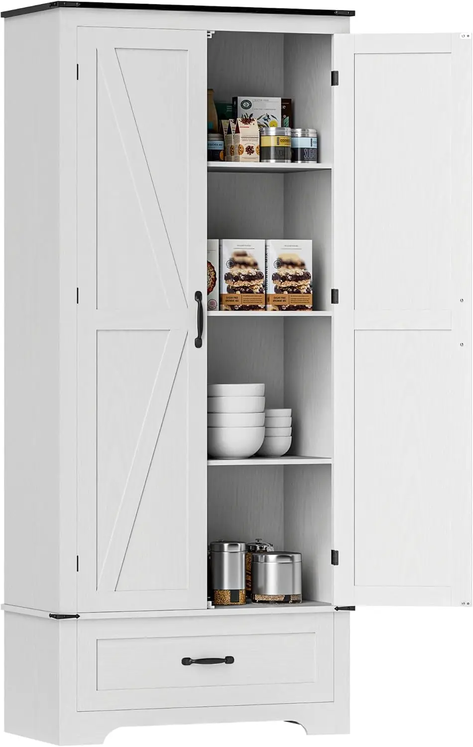 Kitchen Pantry Cabinet - Kitchen Storage Cabinet with Adjustable Shelves & 2 Barn Doors & Drawer, Versatile Storage Unit