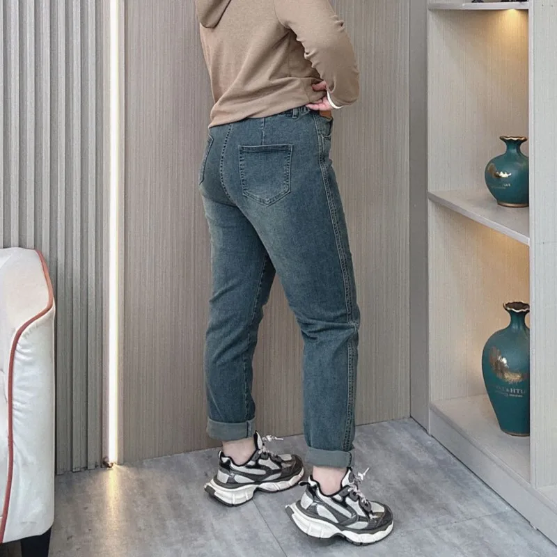 Calça jeans de cintura alta com harém elástico feminino, comprimento do tornozelo, elástica, plus size, nova, primavera e outono, 2024