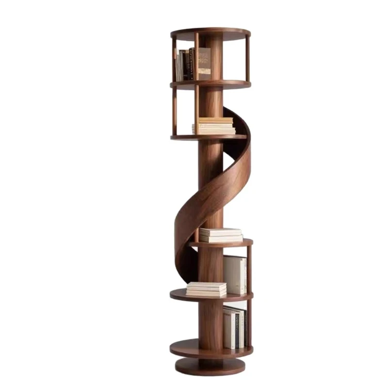 New Chinese black walnut spiral bookshelf Song-style aesthetic special-shaped creative bookcase Floor-to-ceiling display shelf