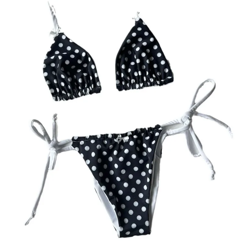 

Сексуальный комплект бикини с лямкой на шее и точечным принтом, женский купальник из двух частей, треугольные стринги, купальный костюм, бразильские бикини