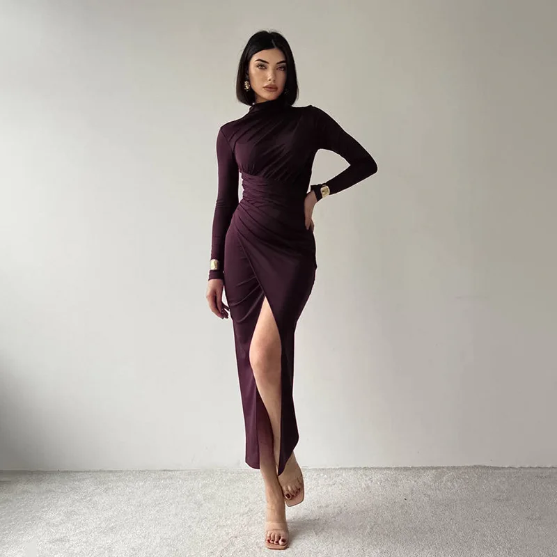 Autumn Fashion High Neck Slim Fit Evening Gown Sexy Pleated Slit Party Dress Spicy Girl Cross Long Sleeved Base Party Robes