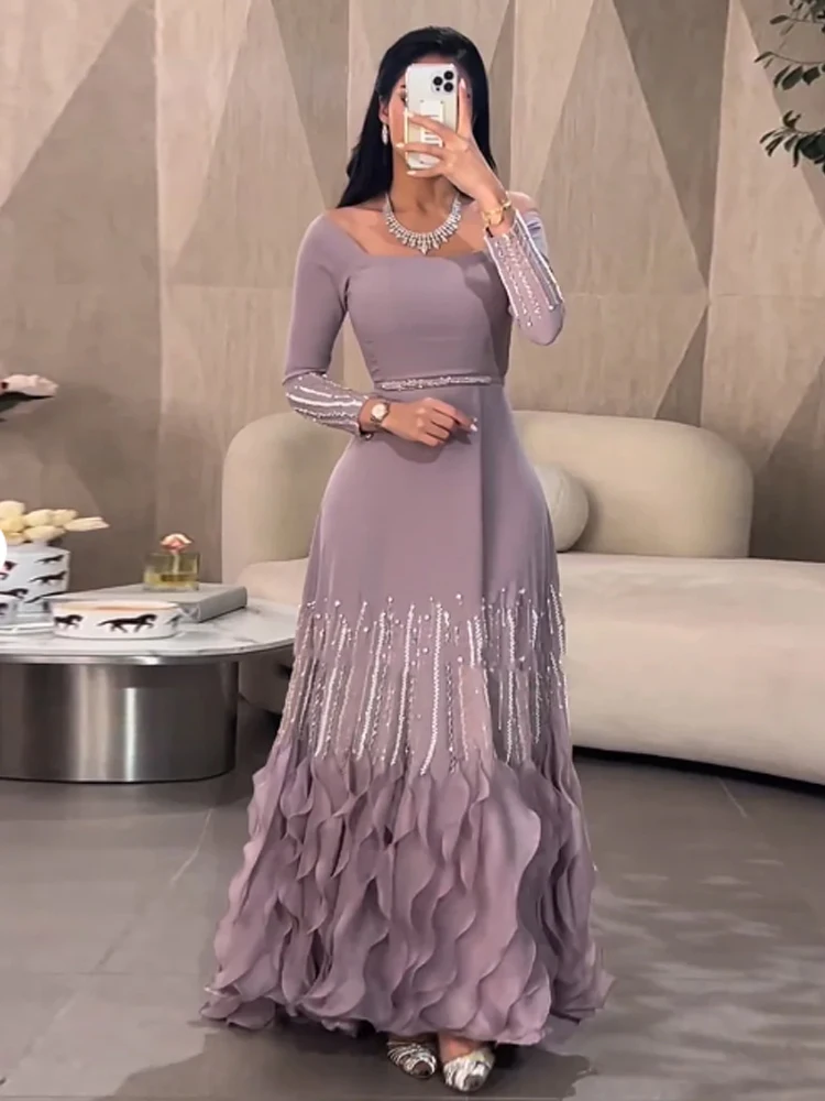 맞춤형 무도회 드레스, 레트로 절묘한 패션 저지, 술 주름 구슬 공, 스퀘어 넥 롱 드레스