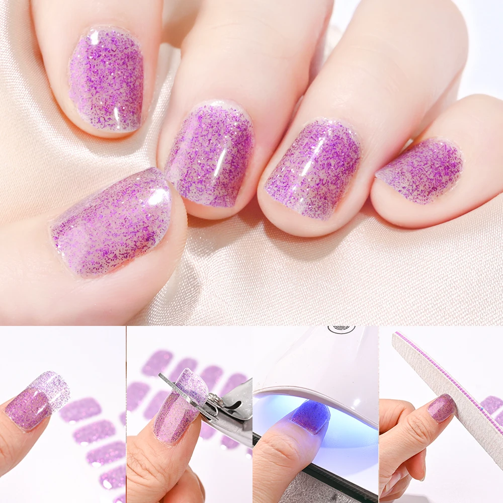 16Tips Glitter Powder Semi Cured Gel Sticker French Nail Manicure Decals UV LED Lamp Need Gel Nail Wraps Sticker Nail Decoration