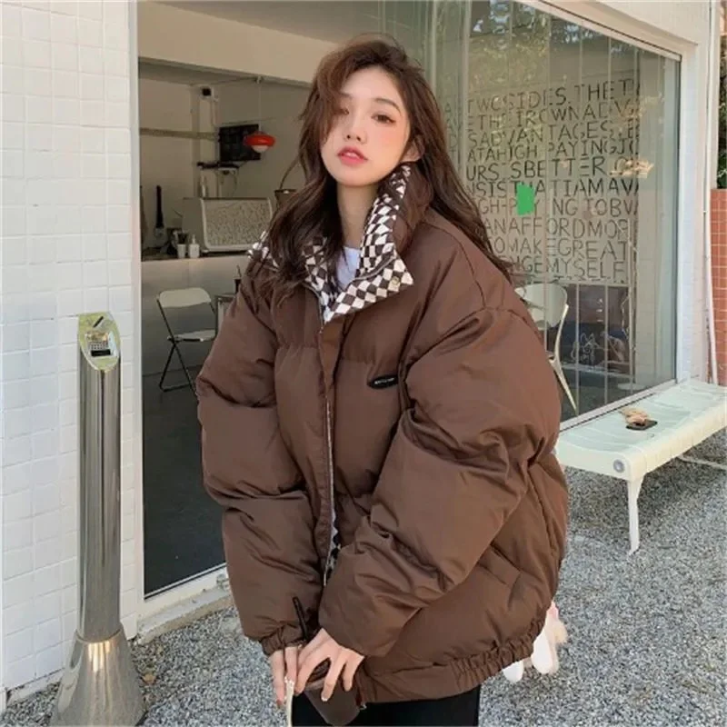 

Checkerboard Plaid Cotton Jacket For Women 2023 Winter New Sen Style Down Bun Jacket ins Korean Version Loose Cotton Coat Trend