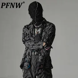 PFNW Dark Style Men's Shirts Casual Worn-out Plaid Mesh Patchwork Turn-down Collar Single Breasted Long Sleeve New Autumn 12C788