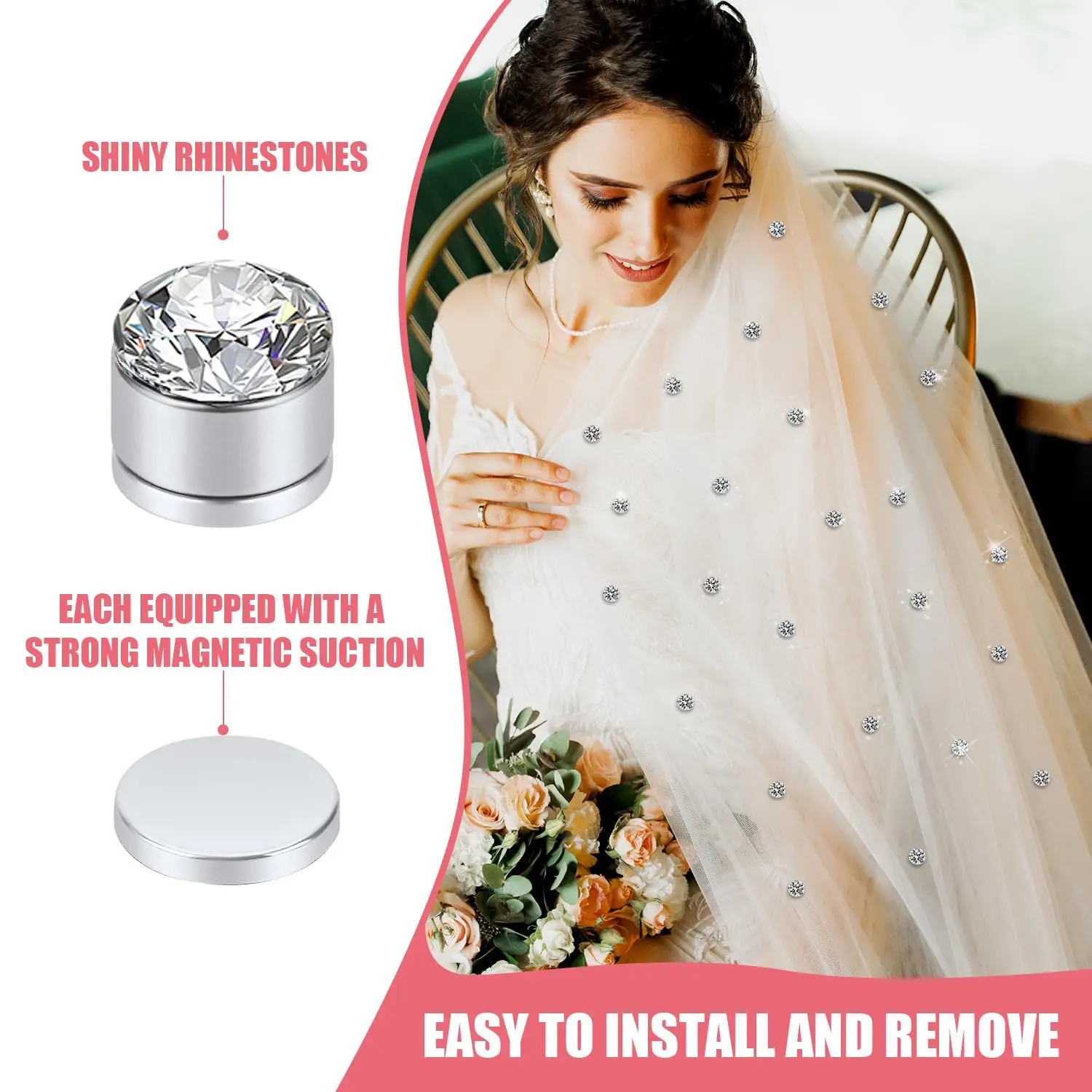 24pcs Veil Weights Wedding Magnetic Diamonds, Elegant Shiny Rhinestones Crystals Hijab Magnets for Dress Veil Accessories image 3