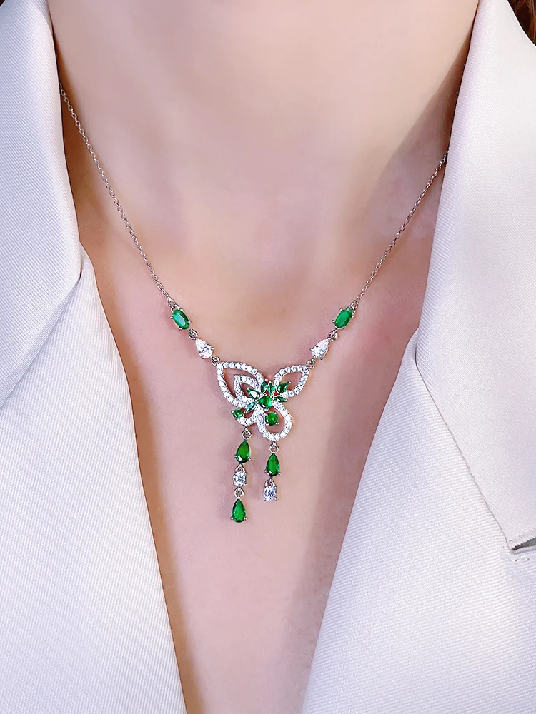 Fashionable Colorful Treasure 925 Sterling Silver Butterfly Pendant Set with High Carbon Diamonds, Retro Design