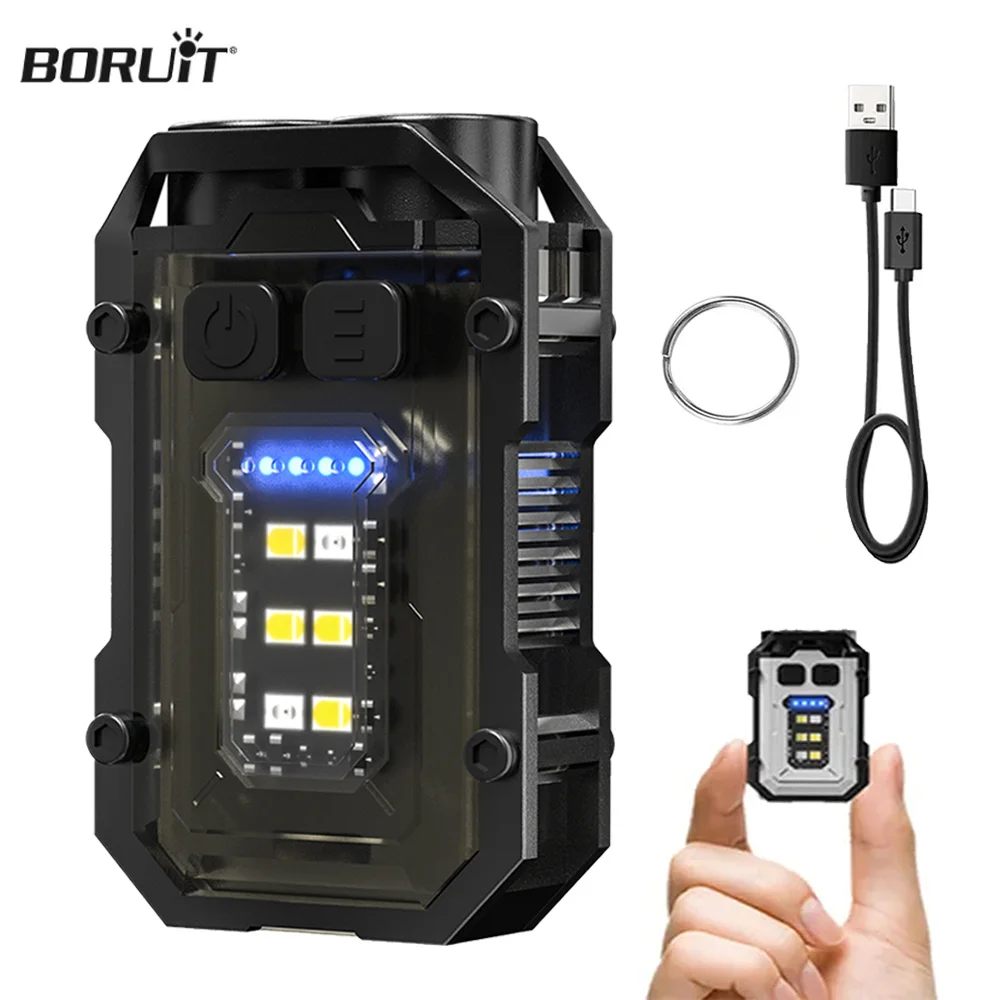 BORUiT Portable Mini Keychain Light EDC Flashlight Type-C Rechargeable Flashlamp With Magnet 8 Light Modes Emergency Work Torch