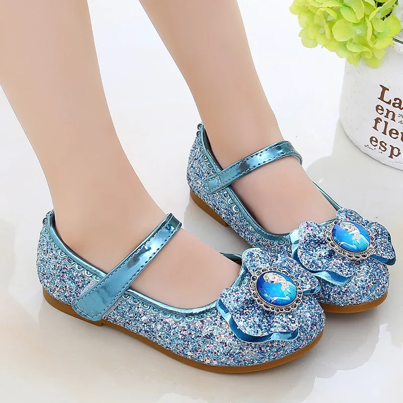 Frozen Anna Elsa Princess Kid Girls Skórzane buty Casual Glitter Dziecięce buty ślubne dla dziewczynek Kryształowe sandały Butterfly Bowknot