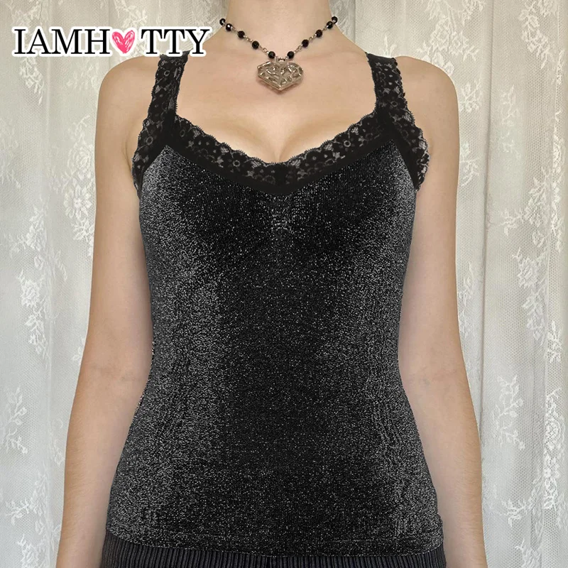 

IAMHOTTY Bright Silk Tank Top Coquette Aesthetic Contrast Lace Patchwork Camisole Vintage Party Clubwear Glitter Vest Y2K Womens