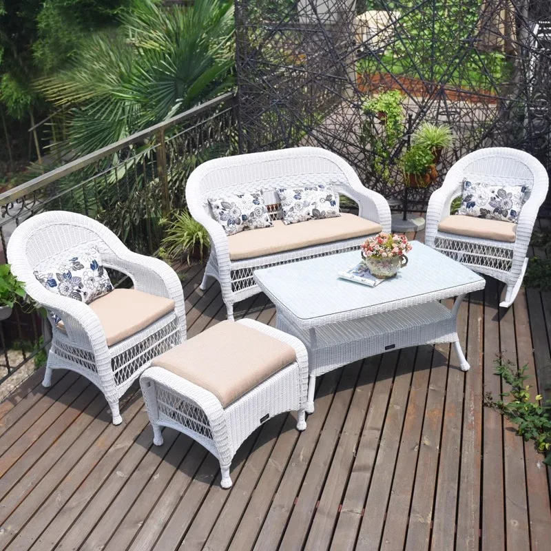 

Outdoor tables and chairs white waterproof sunscreen rattan chair rocking chair combination leisure terrace outdoor garden court