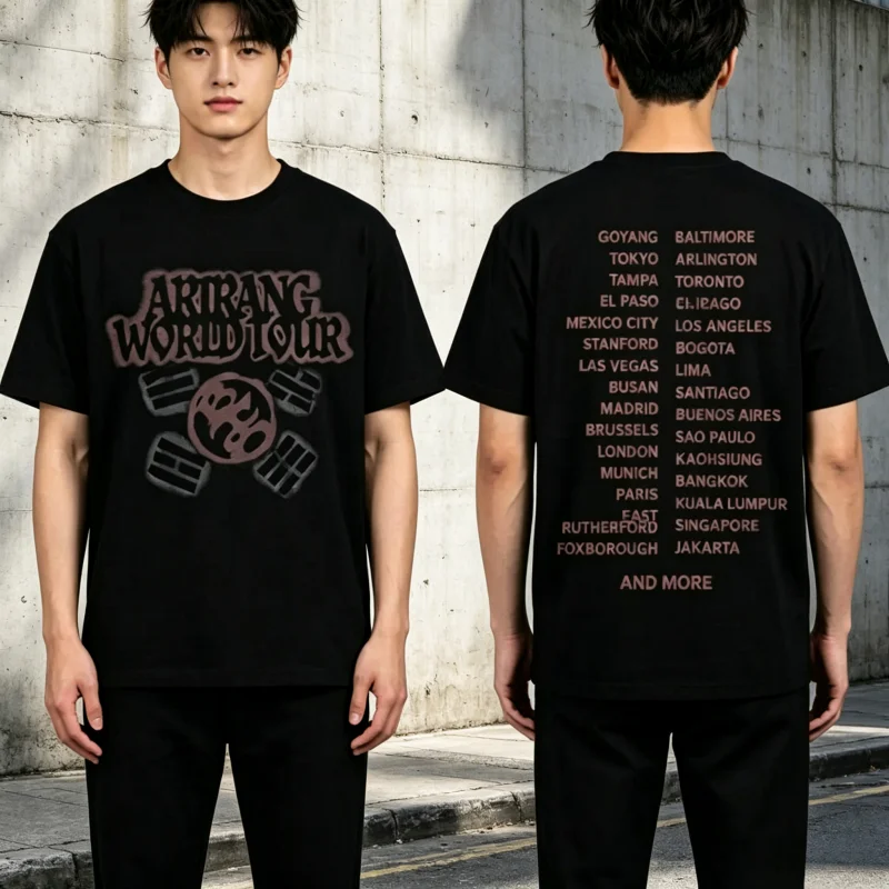 camiseta-casual-preta-de-manga-curta-kpop-world-tour-com-logo-frontal-vintage-arirang-e-lista-completa-de-cidades-da-tour-para-homens-e-mulheres