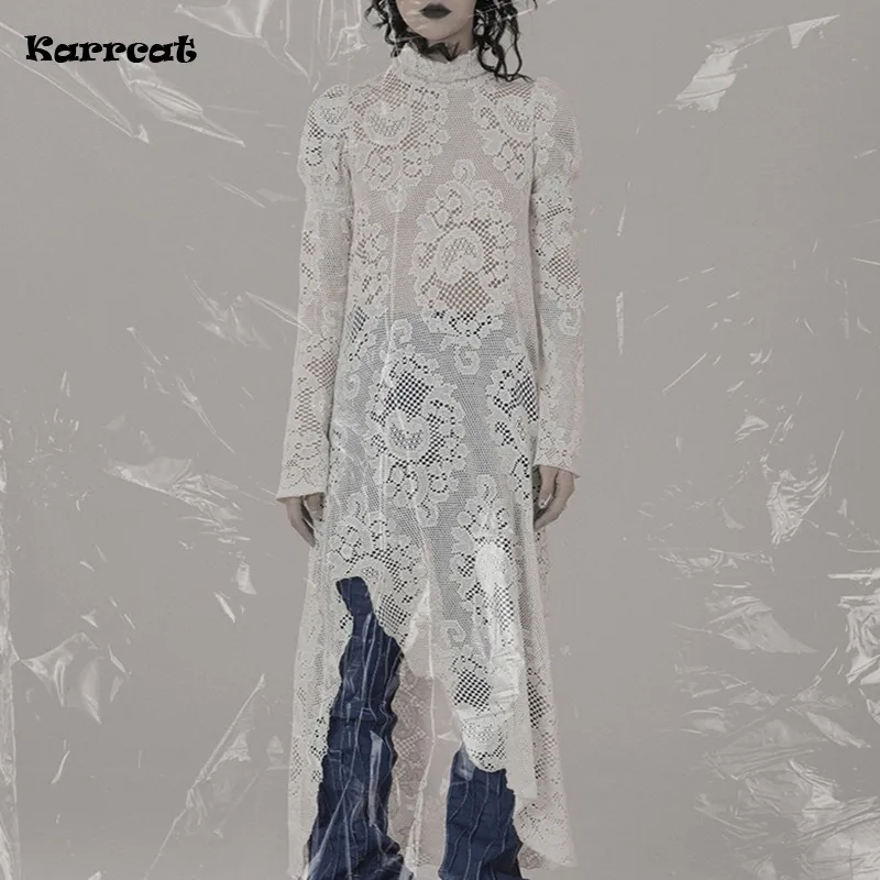 Karrcat Grunge Esthetiek Borduren Jurk Gothic Hollow Out Midi Jurk Japanse Harajuku Gebreide Jurk Vintage Alt Kleding