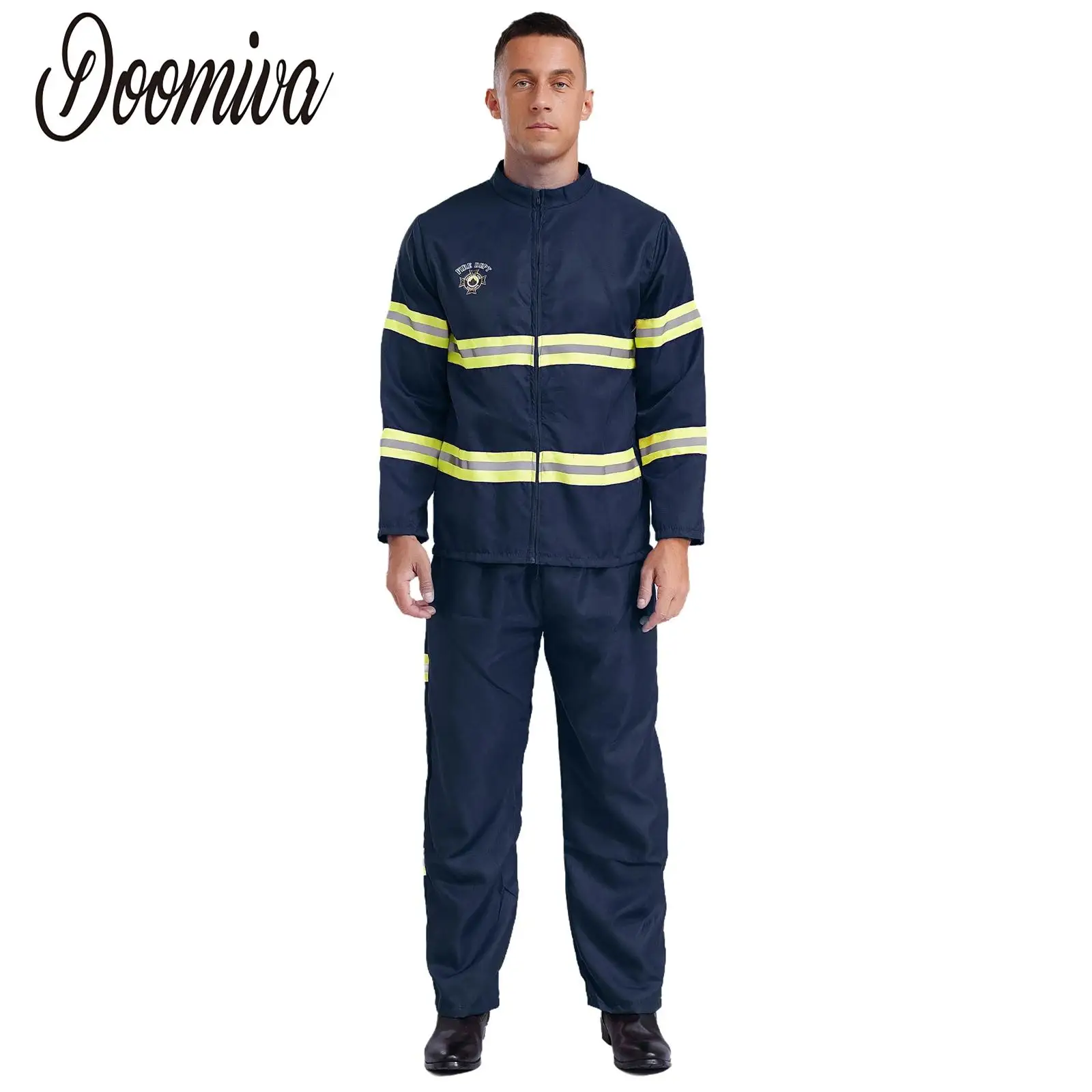 Men Adult Fireman Firefighter Halloween Cosplay Costume Buster Short Sleeve Overalls Jumpsuits with Belt Plastic Helmet