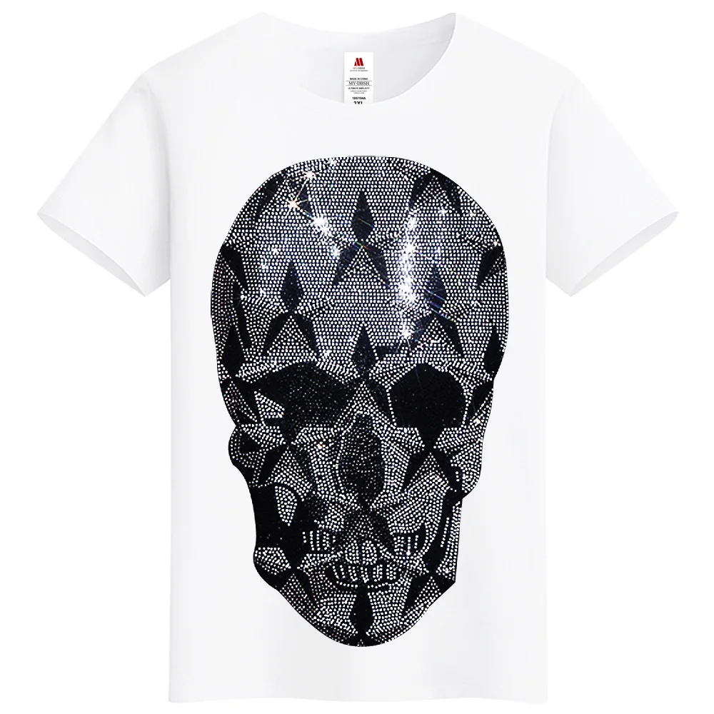 Vintage Gothic Skulls Man Rhinestone T-shirt Round Neck Men\'s Tops 3D Skull Short Sleeve Hip Hop Streetwear Male Sports T-shirt