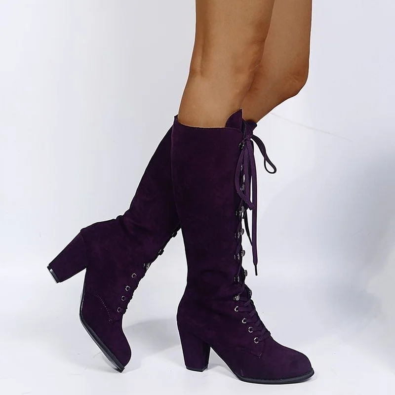 Winter Autumn Woman Knee High Boots Woman Long Boots Lace Up Fashion Woman Boots Footwear 35-43 Purple Square Heel Women Shoes