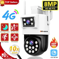 8MP 4G Dual Lens PTZ IP Security Camera Outdoor 10X Zoom Dual Screen 2 Way Audio CCTV Surveillance Camera Color Night Vision