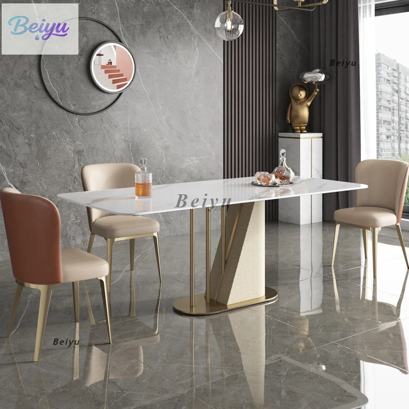 

Light luxury bright rock slab modern simple dining table high-end fashion luxury stone designer Pandora rectangular dining table