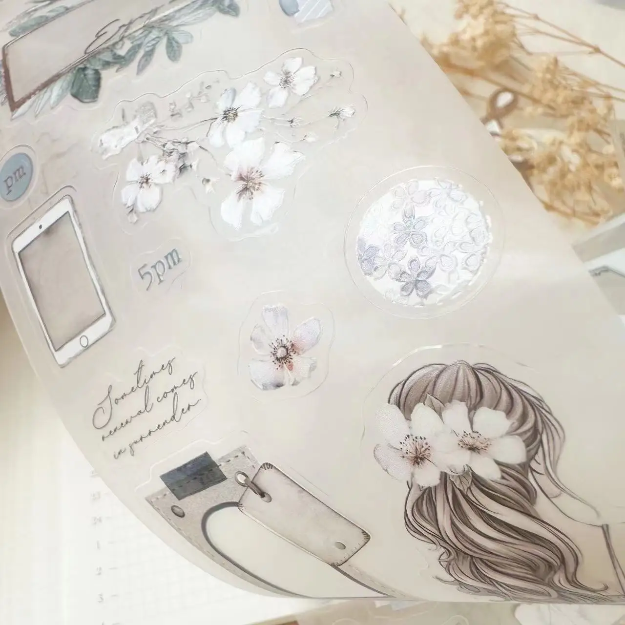 Journal Pages Vintage Neutral White Girl Washi PET Tape for Card Making DIY Decorative Sticker