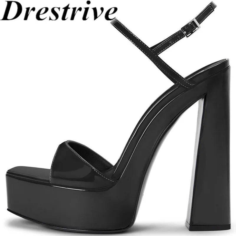 

Drestrive 2024 Fashion Customized Women's Sandals Patent Leather Platform Square Toe Buckle Thick High Heels Summer Shoes Party