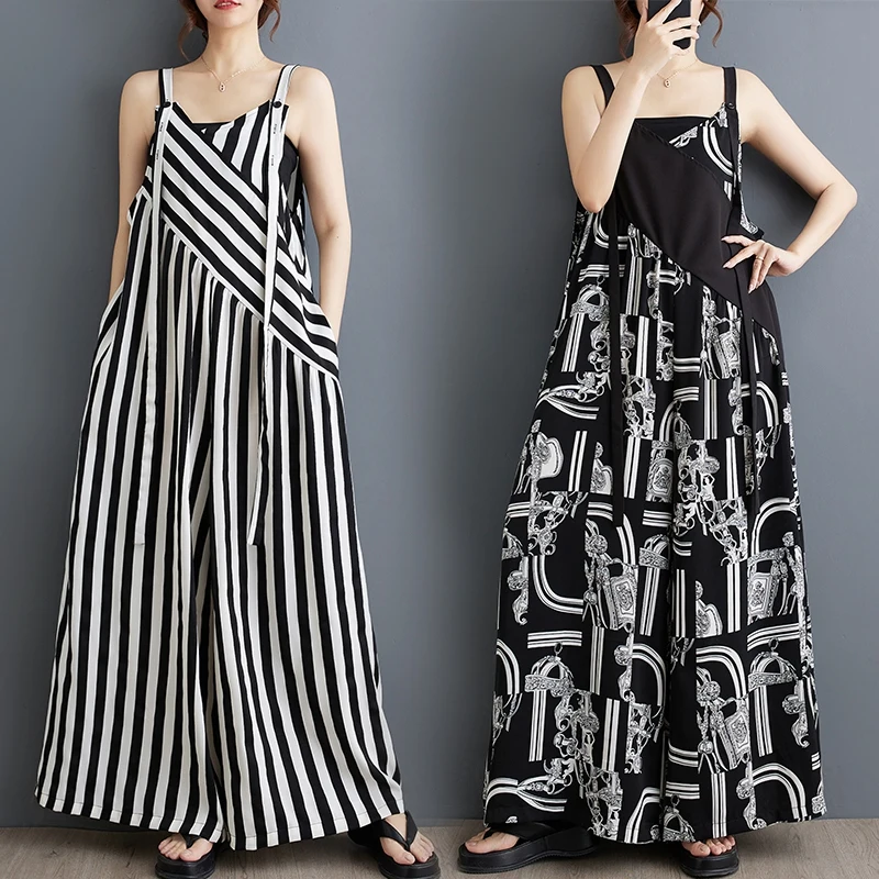 

plus Size Women's Loose Chiffon Stras One-Piece Summer Faion Print Wide Leg Pants High Waist A-Line Gown Casual Commute