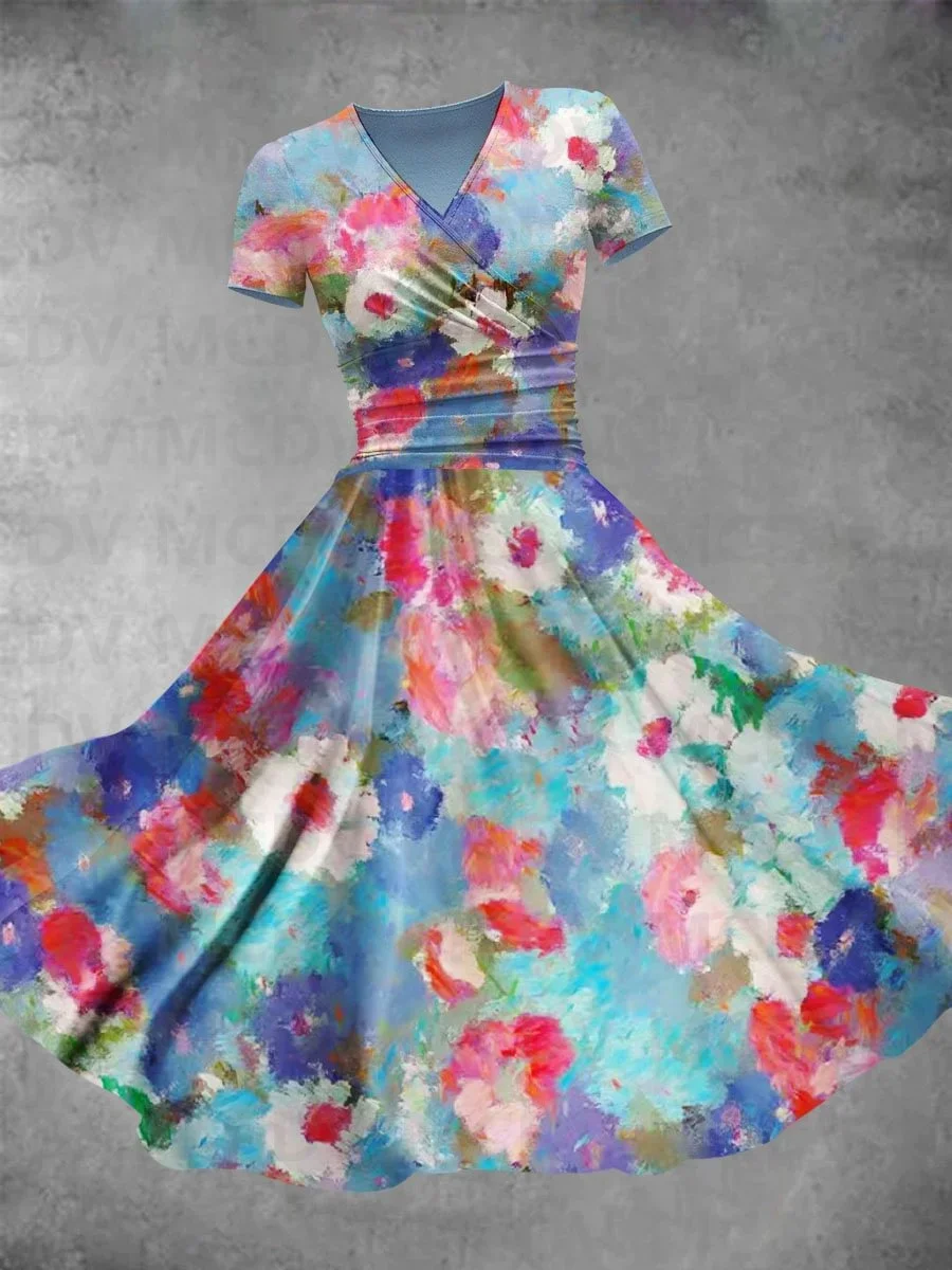 Dames Olieverfschilderij Bloemen Bloemen Art Print Design Maxi Jurk Sexy V-Hals Jurk Vrouwelijke Jurken