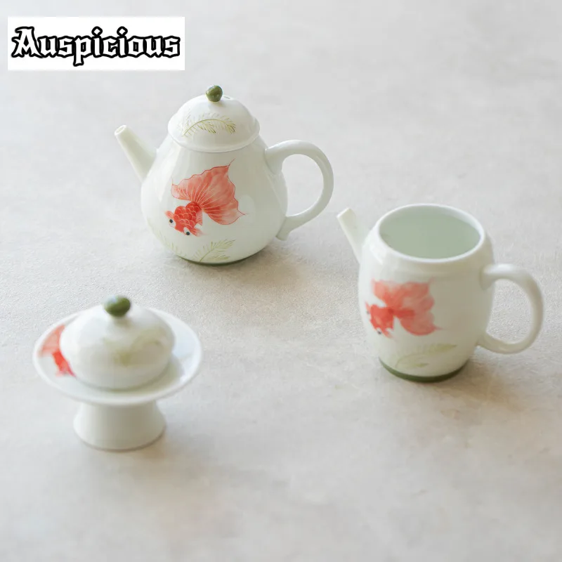 Hand Drawn Red Carp Teapot Underglaze Color Pear-shaped Pot Ceramic Ball Hole Filter Pot Lid Holder Retro Tea Maker Teaware Gift