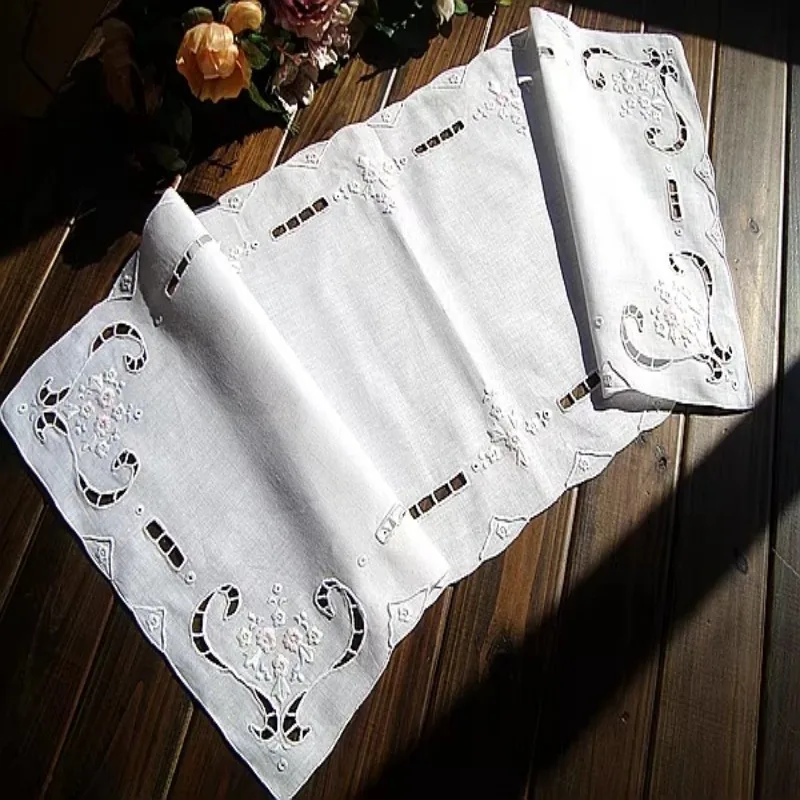 2PCS Cotton and Linen Hand-embroidered American Retro Table Runner and Cover Cloth Cotton Fabric 33x83CM