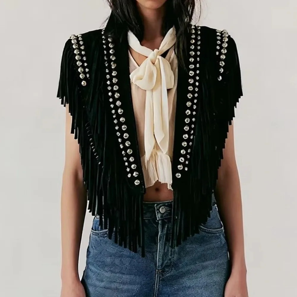 Vintage Faux Suede Sleeveless Vest Studded Tassel Fringe Boho Cardigan Shawl Collar Open Front Cowgirl Jacket Western Outfit