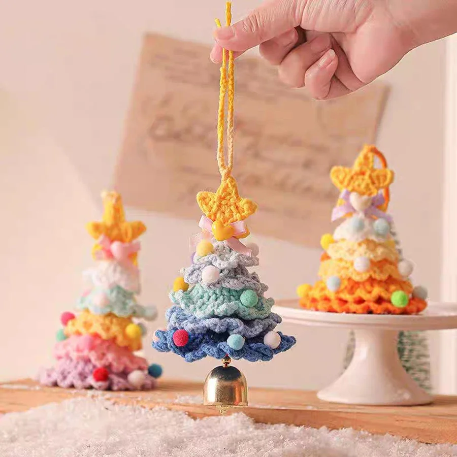 Knitted Christmas Tree with Jingle Bell Plush Christmas Hanging Pendant Wool Crochet Christmas Tree for Christmas Party Decor