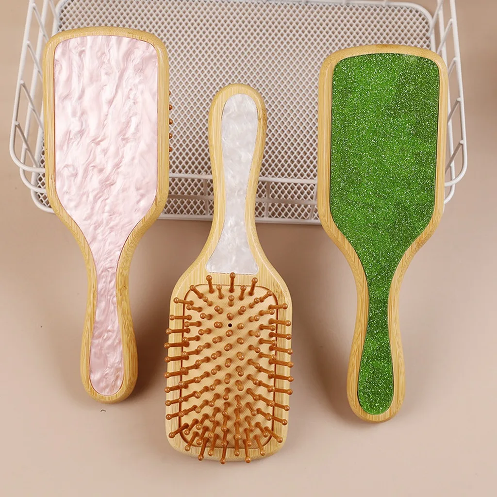 Natural Wooden Hair Brush Resin Marble Detangling Scalp Care Paddle Hairbrush Women Professional Spa Hair Styling Tool