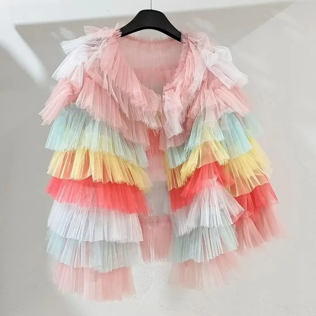 Mesh Patchwork Rainbow Color Multi-Layers Ruched Jacket Summer Sun Protection Ruffles Gauze Pleated Coat Lotus Cardigan Tops