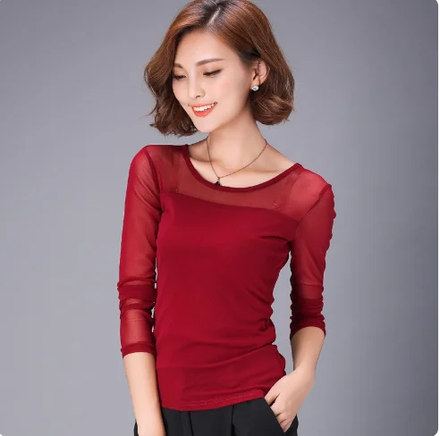 Jesienno-zimowa czarna biała koszula z okrągłym dekoltem, solidna siateczkowa koszulka koreańska moda damska topy