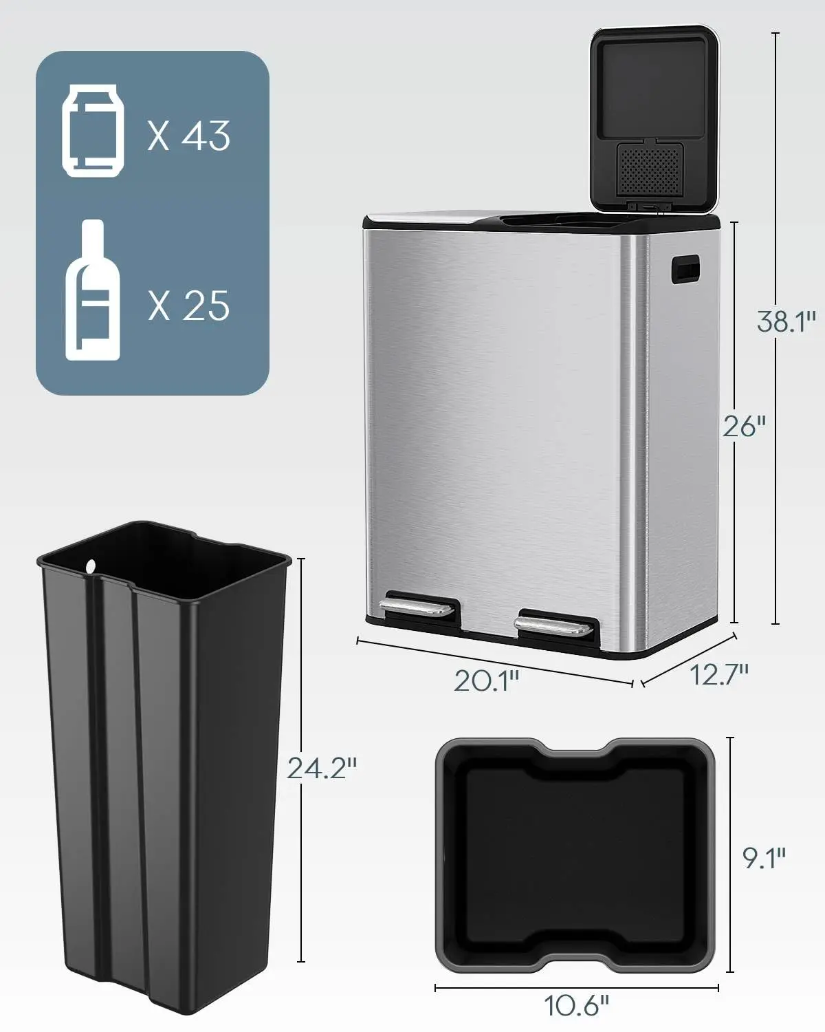 16 Gal (2 x 30 L) Dual Trash Can with Odor Control Box | Stainless Steel Kitchen Garbage Bin, Recycle Dustbin with Soft-Close Li
