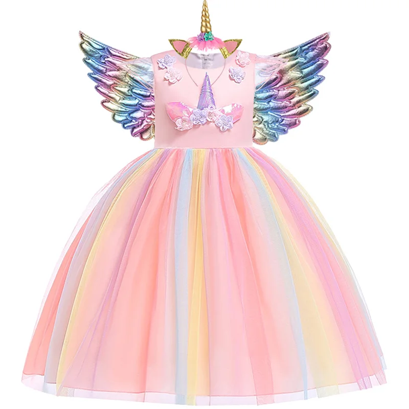 Girls Unicorn Tutu Dress Rainbow Princess Kids Party Dress Children Christmas Halloween Cosplay Costume With Headband Wings