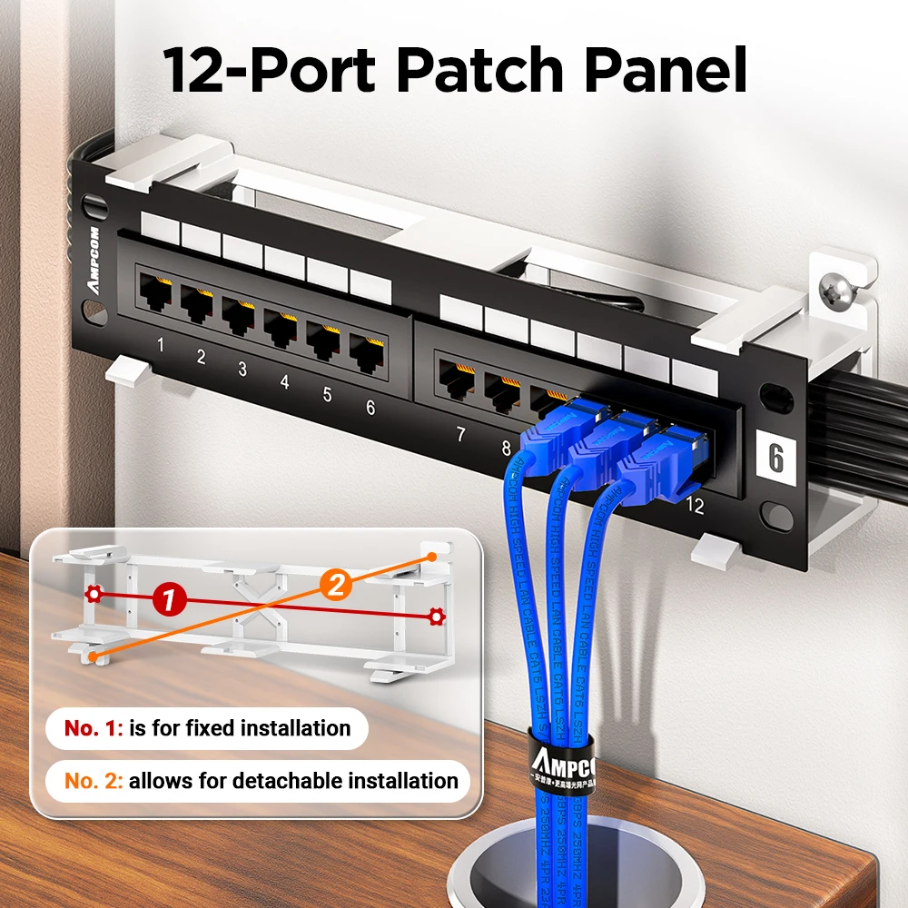 AMPCOM 12-Port Patch Panel Cat 6A / Cat6 UTP Mini Patch Panel with Wallmount Bracket Included Black
