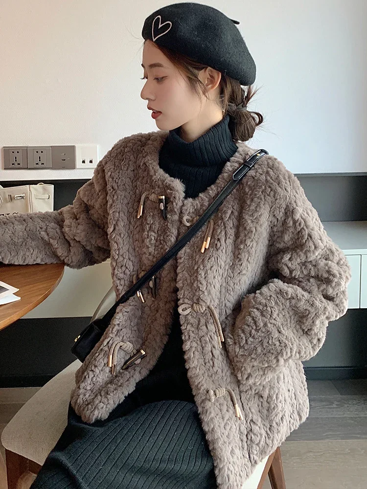 Korean Style Fashion Round Neck Long Sleeve Women\'s Woolen Coat 2023 Autumn Winter Commute Style Horn Button Pocket Short Coat