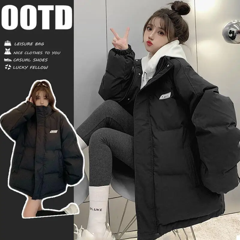 

American Style Women's Winter Black Down Cotton-Padded Jacket Thickened Loose Girl's Student Oversize Warm Puffer Jacket Coat