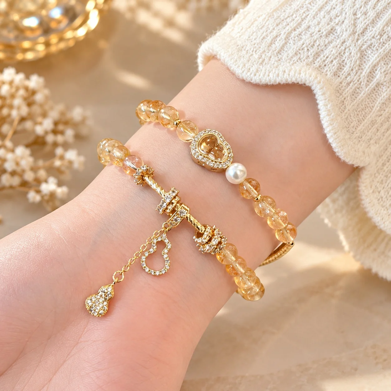Original Design Yellow Citrine Crystal Bracelet with Gourd Shape and Floral for Women as Business Gift