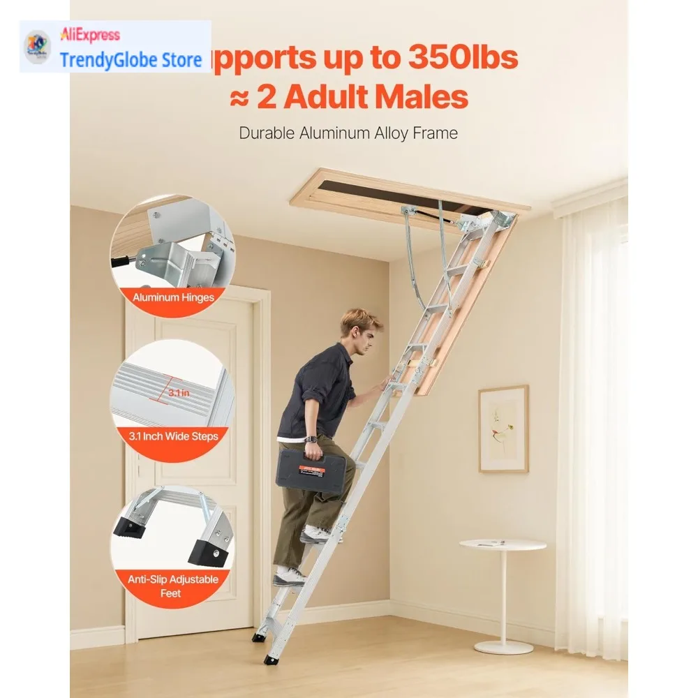 

Adjustable Height Multi-Purpose Foldable Aluminum Attic Ladder with 375 lbs/170 kg Capacity, Extends from 9.8 to 10.3 ft/3 to 3.