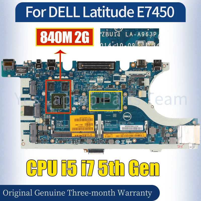 LA-A963P For DELL Latitude E7450 Laptop Mainboard I5-5200U I5-5300U 840M 2G Notebook Motherboard Tested