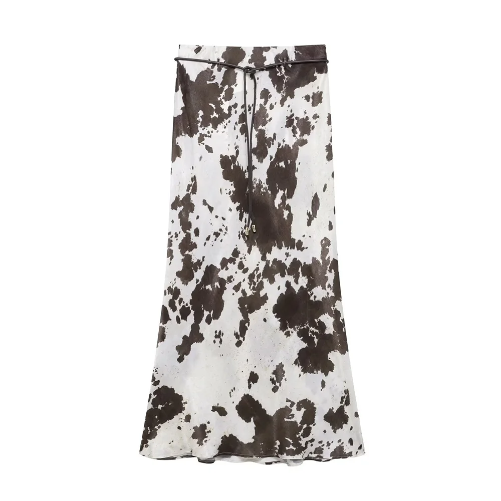 

2025 New Women's Casual Elegant Design with European and American Style Animal Pattern Printed Silk Satin Texture Midi Skirt