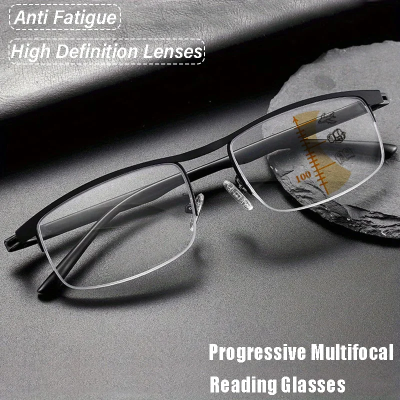 Neue Auto-Zoom Progressive Multifokal-Lesebrille, Nah- und Fernsicht-Presbyopie-Brille, Anti-Blaulicht Halbrahmen-Brille