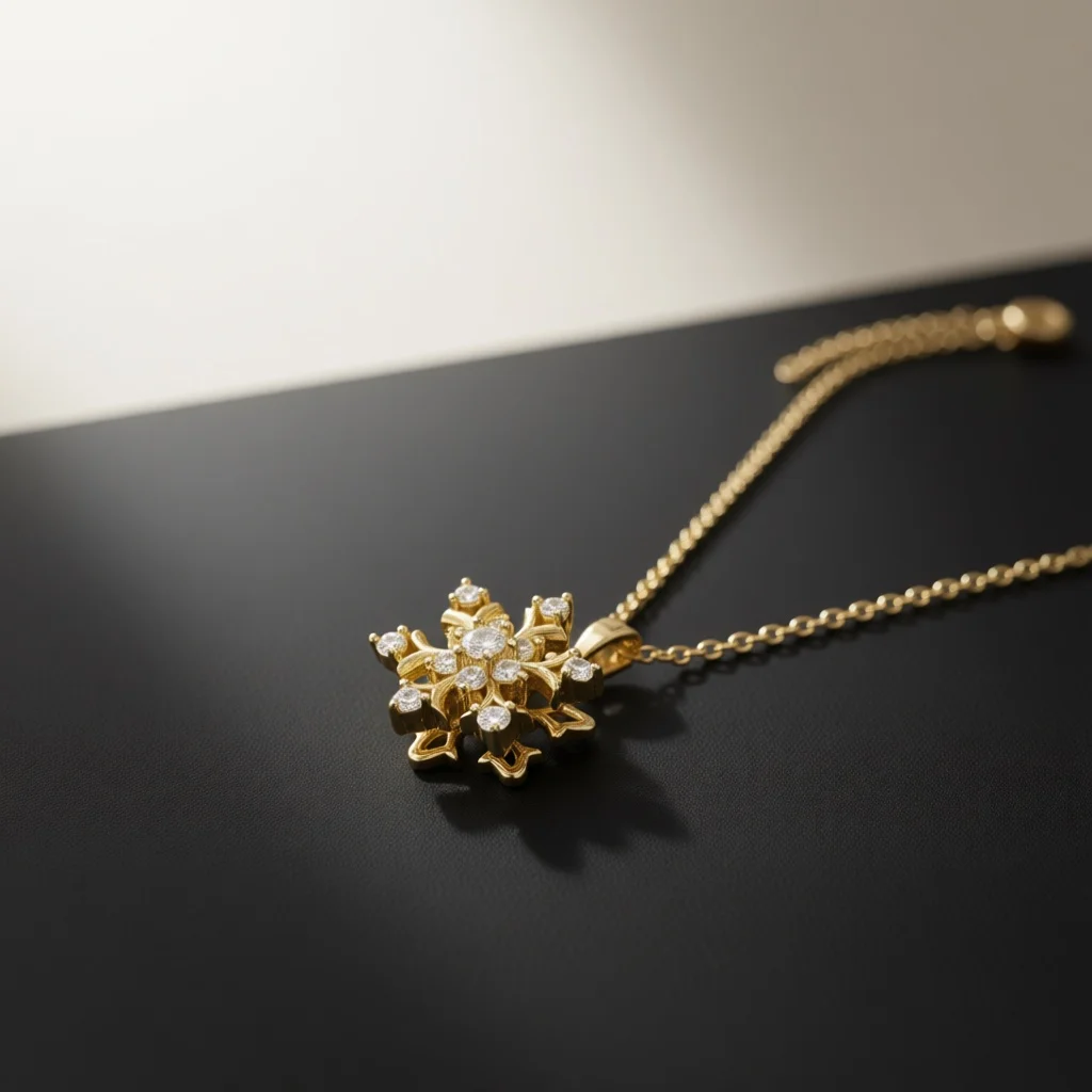 Women Gold‑Tone Carved Snowflake Cluster Pave Zircon Necklace, Luxe Sparkling Jewelry Gift for Party & Wedding Anniversary