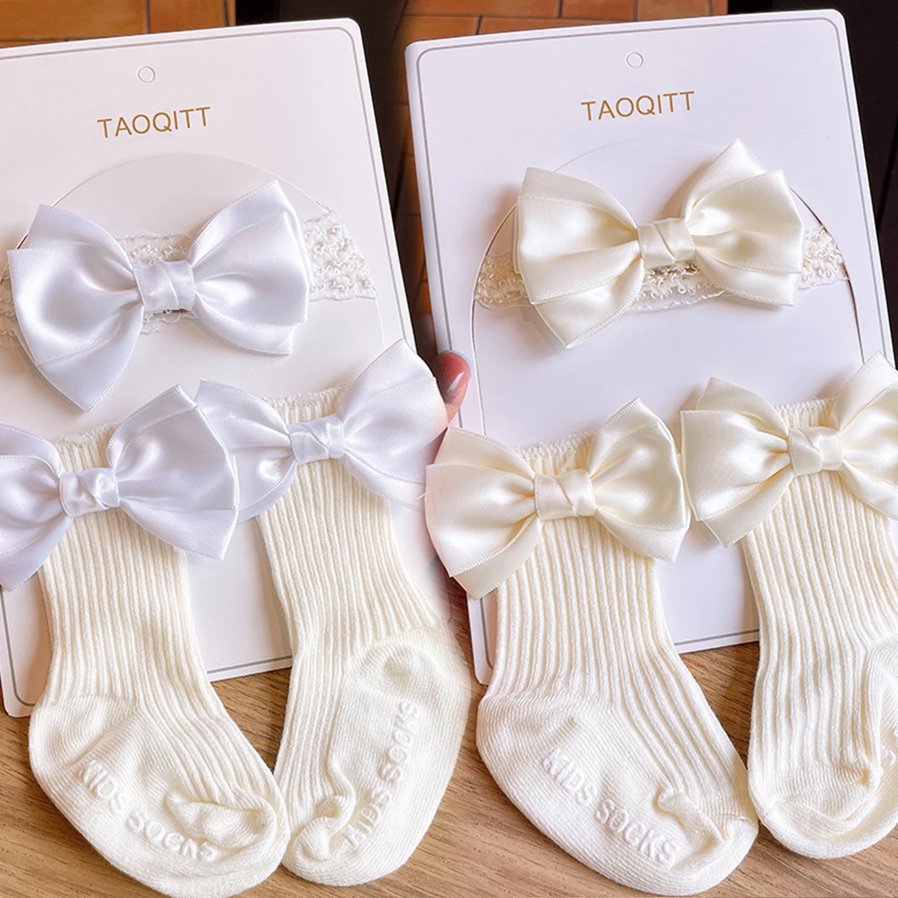 Bow Headband Socks Set Solid Color Newborn Non-slip Sock Chic Lace Infant Hairband 0-1Year Boys Girls Sweet Bowknot Headwear