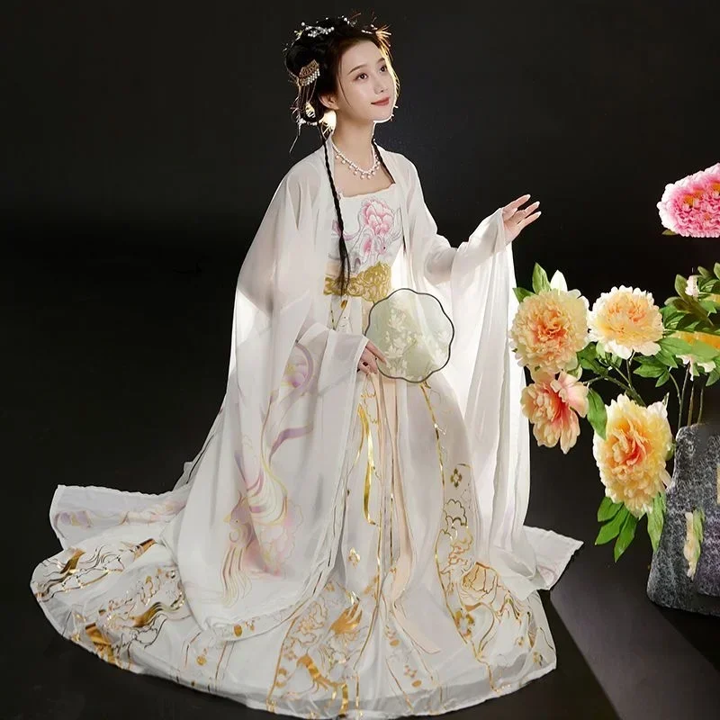 Tang Dynasty White Hanfu Female Loose-sleeved Shirt Embroidered Ancient Costume Daily Fairy Elegant Woman Chinese Dresses