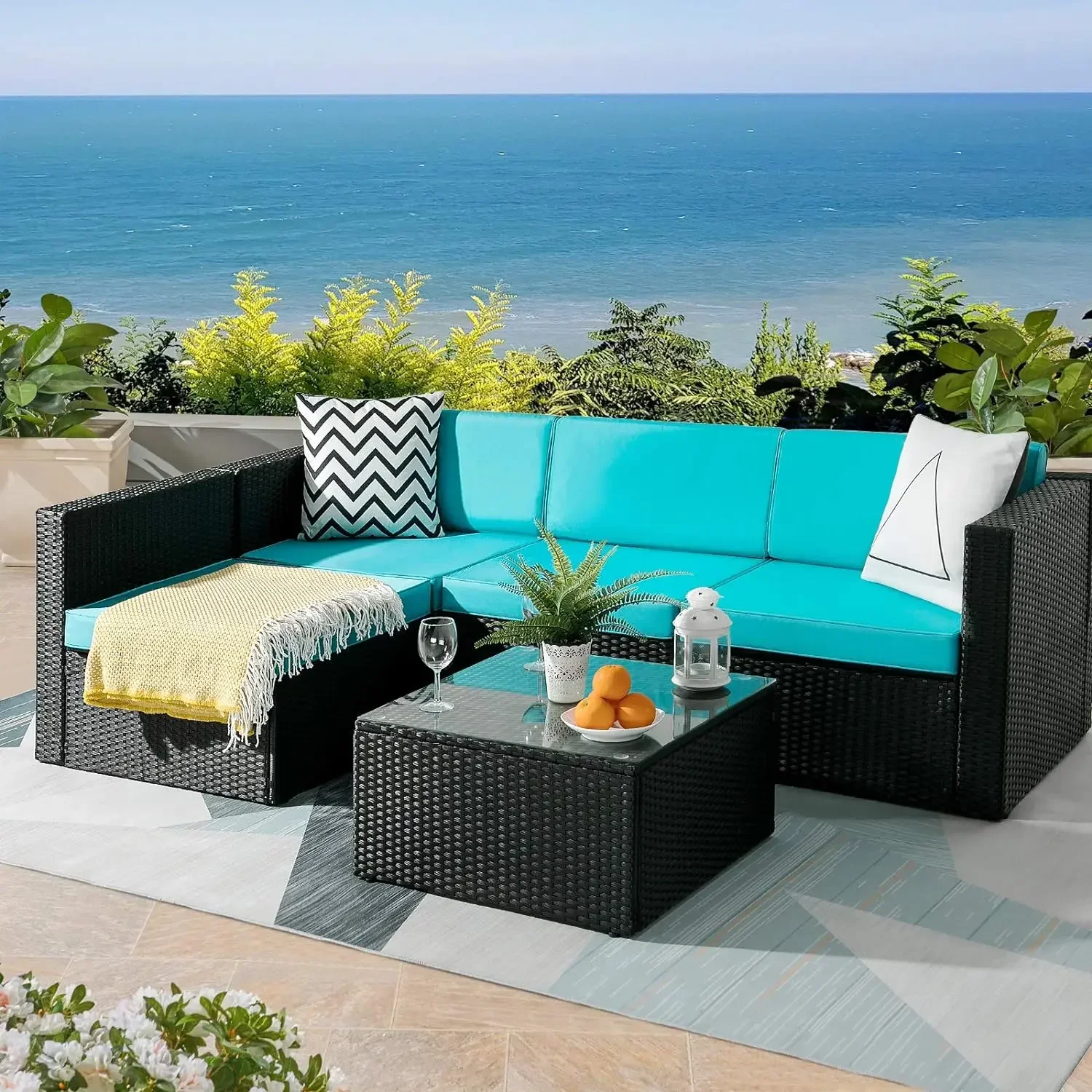 

5 Pieces Outdoor Furniture Rattan Sectional Patio Sofa Outdoor Indoor Backyard Porch Garden Poolside Balcony Wicker Conversation