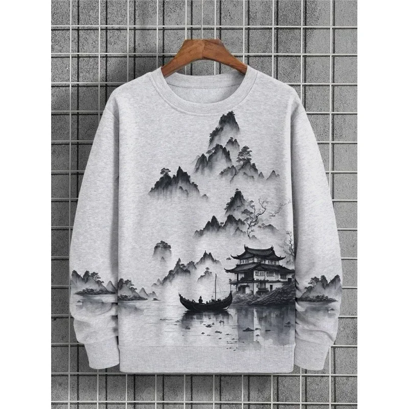 

3D ink painting graphic long sleeve printed t-shirt Chinese style oversized men's sweatshirt autumn pullover streetwear tops