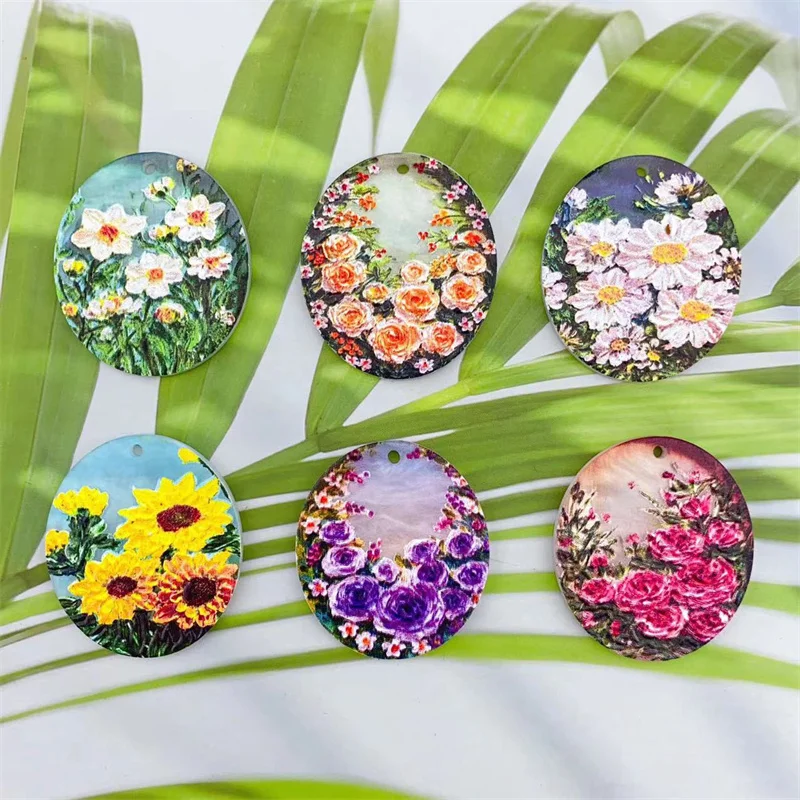 

Summer style 50pcs/lot Oil painting flowers pattern geometry ovals shape acrylic beads diy jewelry earring/garment accessory