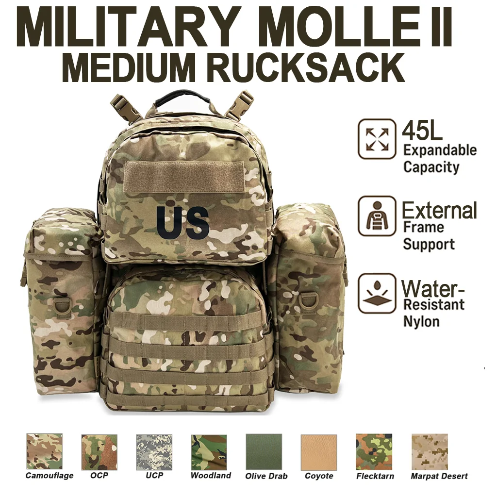 Akmax Military MOLLE 2 Medium Backpack Army Tactical 50L Assault Rucksack Pack with External Frame Woodland